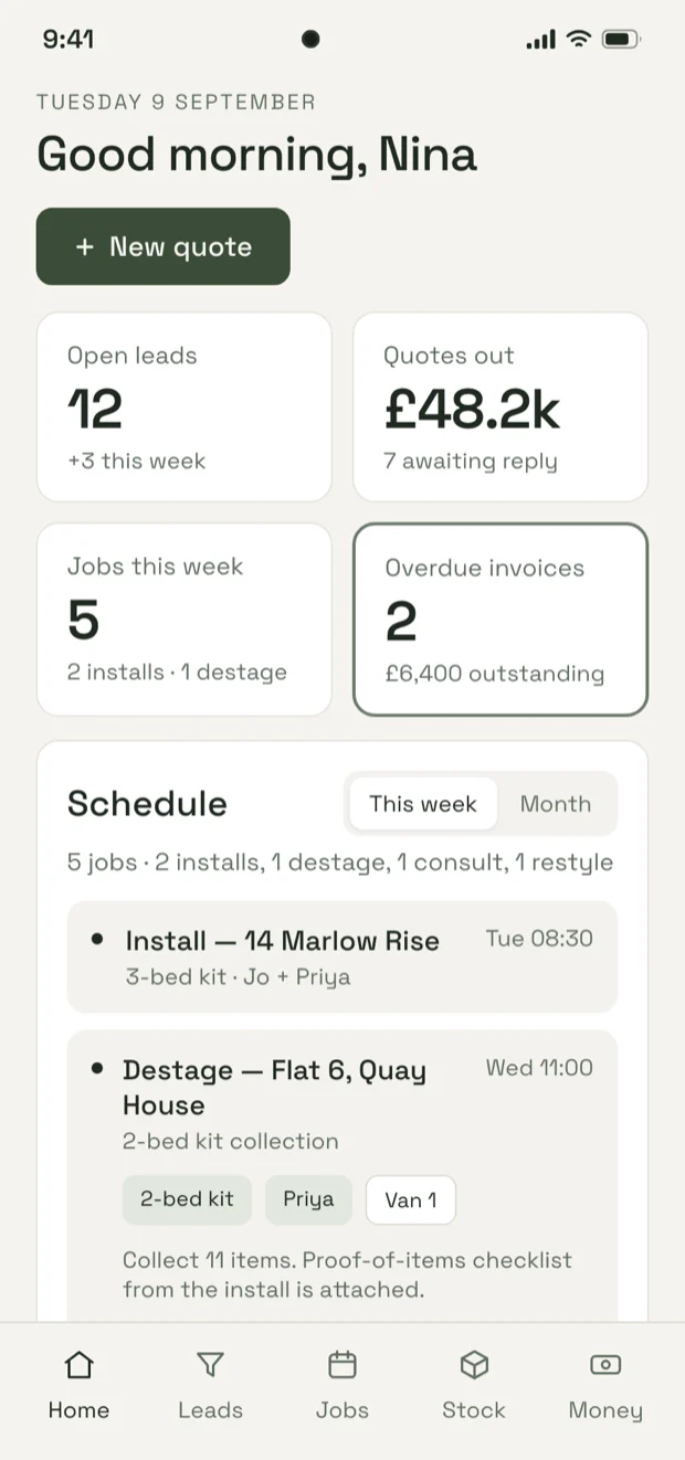 StagerWorks on a phone, showing the same figures and schedule with Home, Leads, Jobs, Stock and Money tabs.